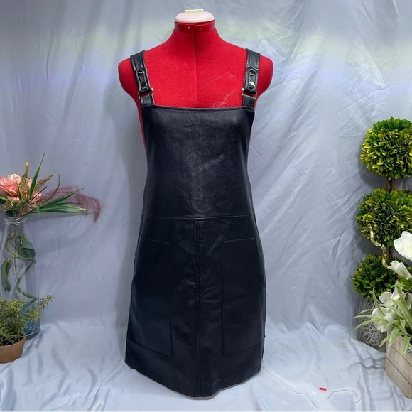 Daphne" Vegan Leather overal dress with adjustable snap bottom shoulder straps - Picture 1 of 12